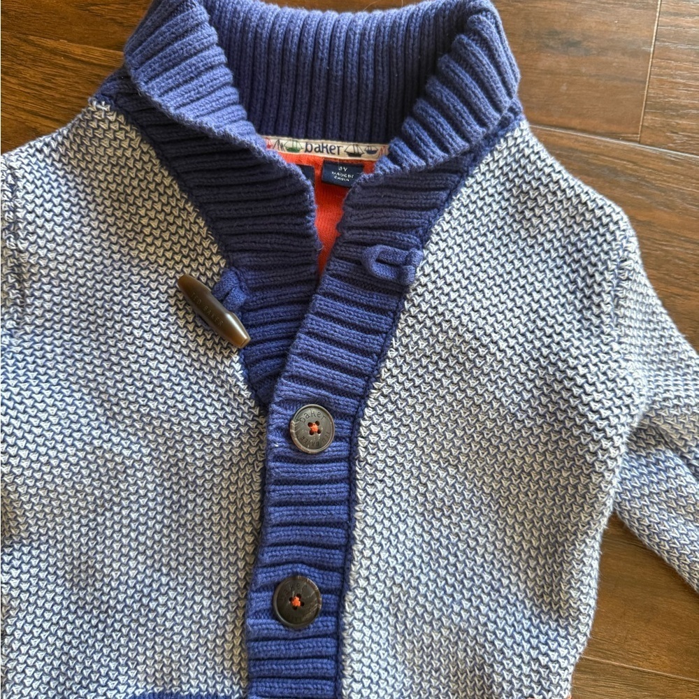 Baker by Ted Baker Blue and White Sweater with Shawl Collar-Size 3Y - Picture 3 of 5